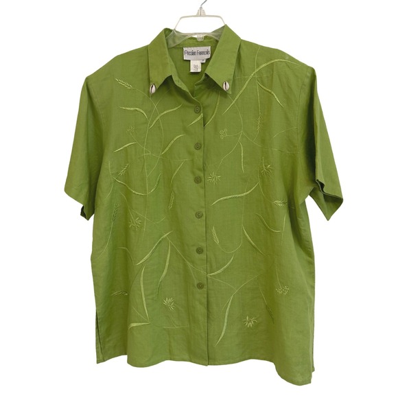 Passion Francais Tops - Passion Francais Vtg Lime Green 100% Linen Embroidered Button Down Shirt Sz 20